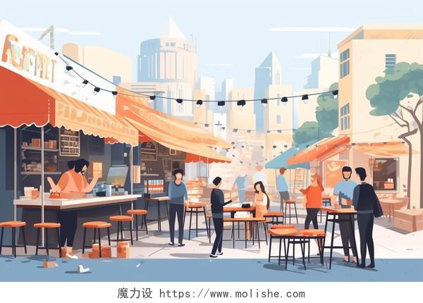 街头美食餐厅卡通AI插画